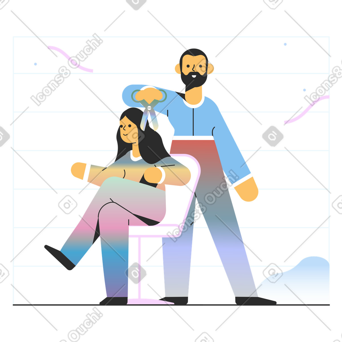 Parrucchiere maschio che dà alla donna un taglio di capelli illustrazione in stile Marginalia scarica in PNG, SVG