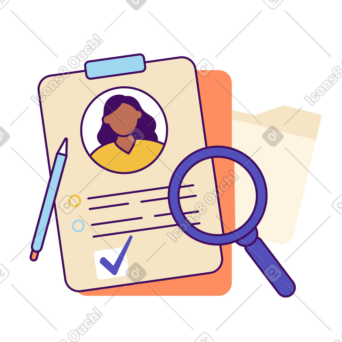 Reviewing job application with magnifier, Recruitment and talent acquisition illustration in Simplistic style download in PNG, SVG