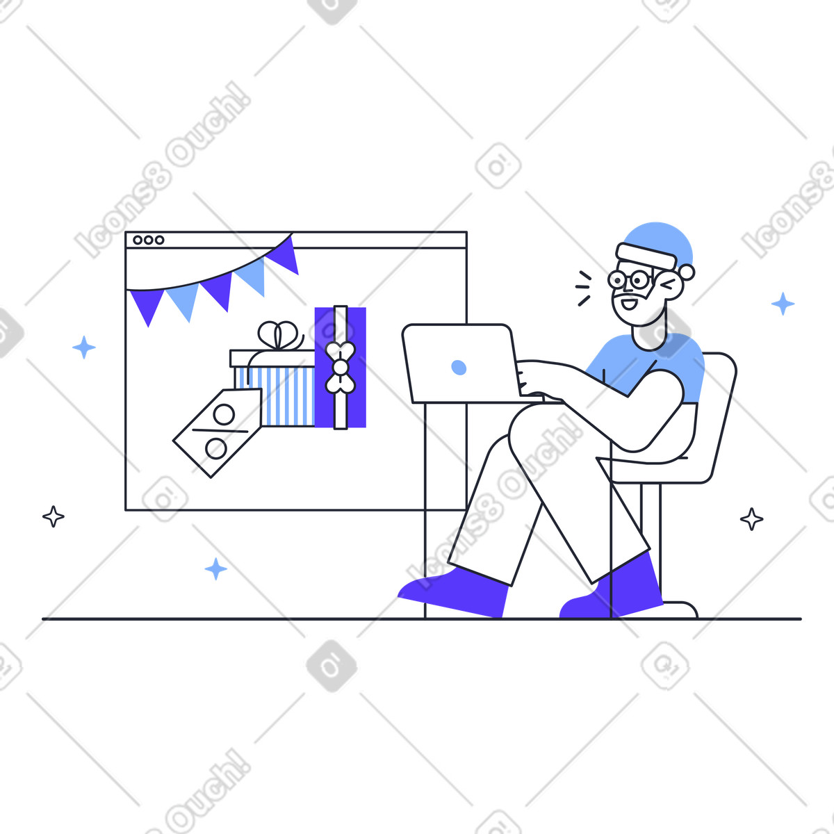 Ilustración Hombre con computadora portátil comprando en rebajas navideñas estilo Pablita a descargar PNG y SVG