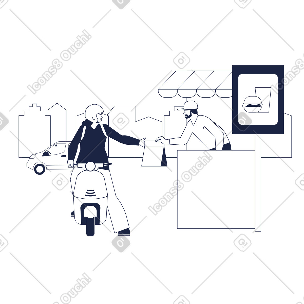 Ilustración Mujer con casco y scooter compra comida rápida en el quiosco mac auto la calle estilo Urban Line a descargar PNG SVG