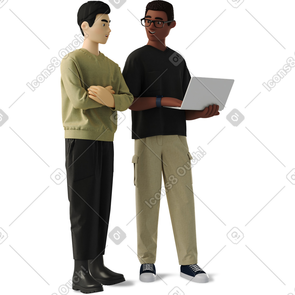 Two men working with a laptop illustration in 3D Business style download in PNG, SVG