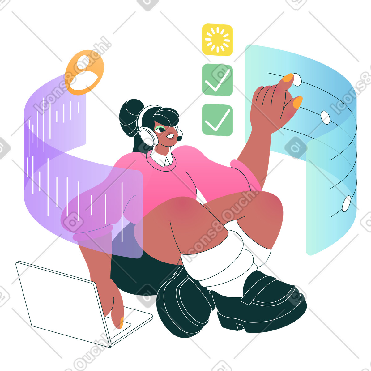 Ilustração animada de Support specialist using interactive screens, Customer help desk environment em GIF, Lottie (JSON), AE