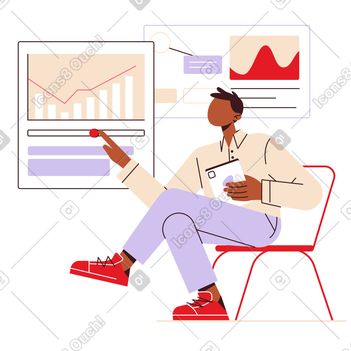 Investor studying financial analytics, Stock market study or forecasting illustration in Folks style download in PNG, SVG