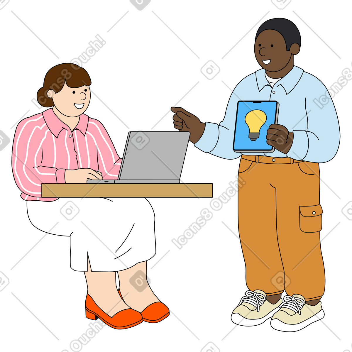 Female and male coworkers discussing idea illustration discussion clipart in PNG SVG GIF
