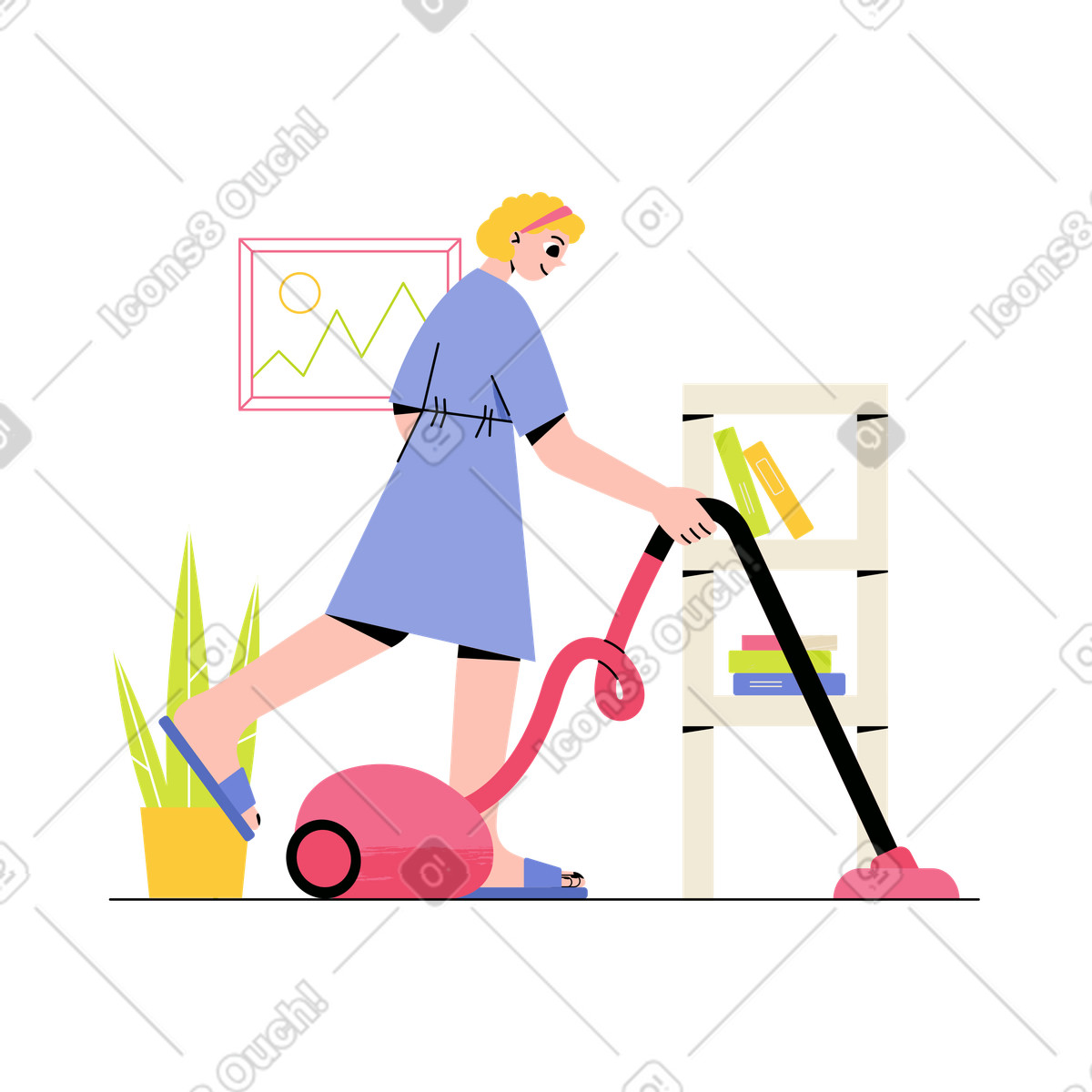 Doing housework with vacuum cleaner, home cleaning routine illustration in Juicy style download in PNG, SVG