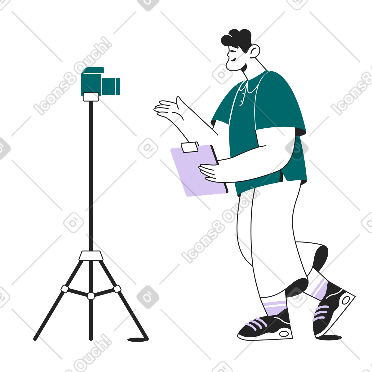 Content creator recording vlog in front of camera, Online influencer workspace illustration Sammy Line style download PNG, SVG