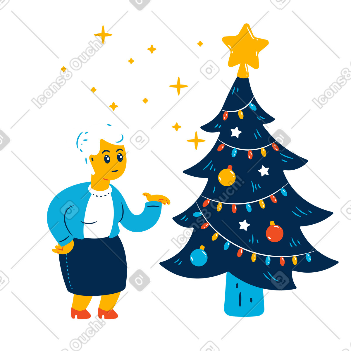Old woman and Christmas tree illustration elderly clipart images in PNG, SVG, GIF