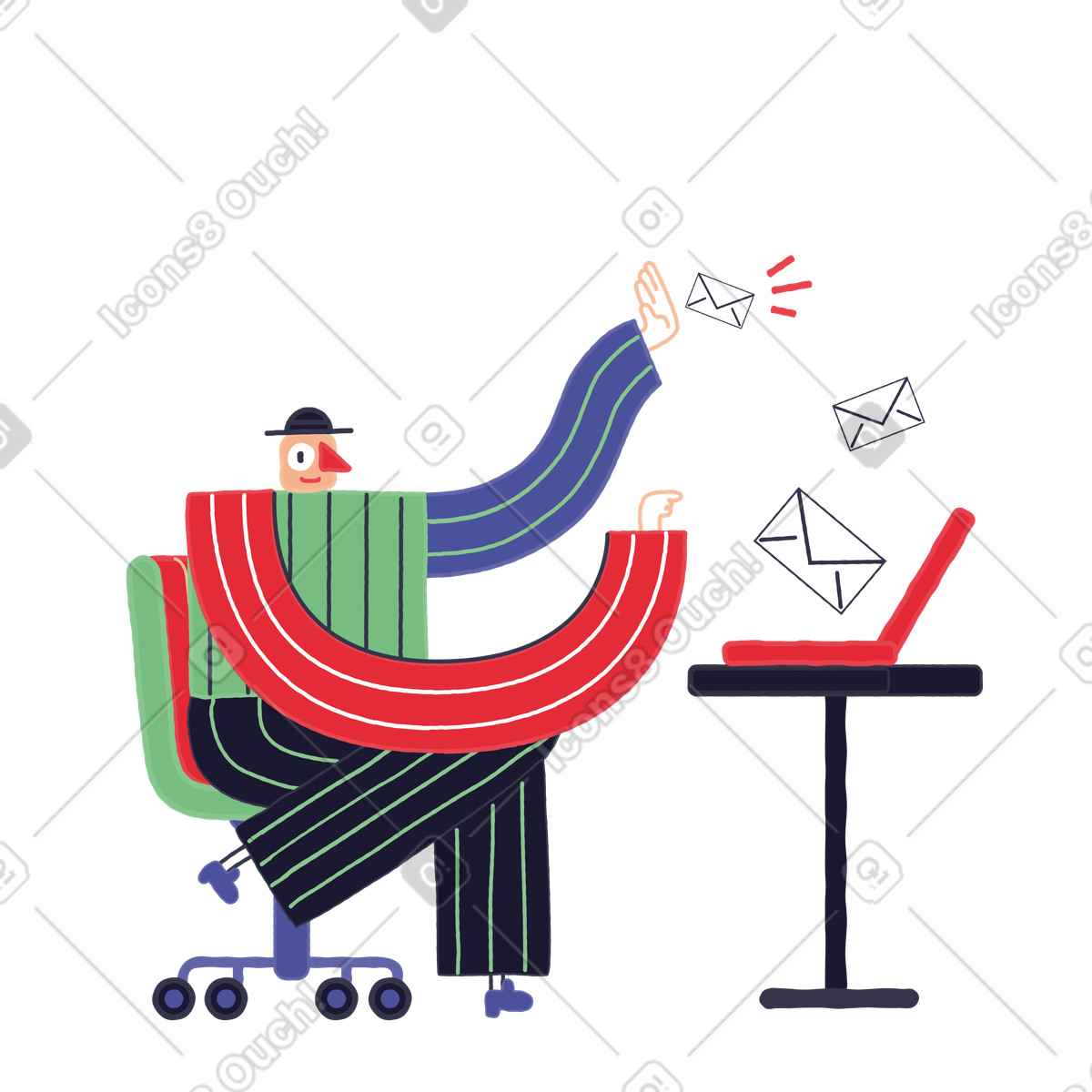 Uomo che riceve posta spam sul portatile illustrazione in stile Stripy scarica in PNG, SVG