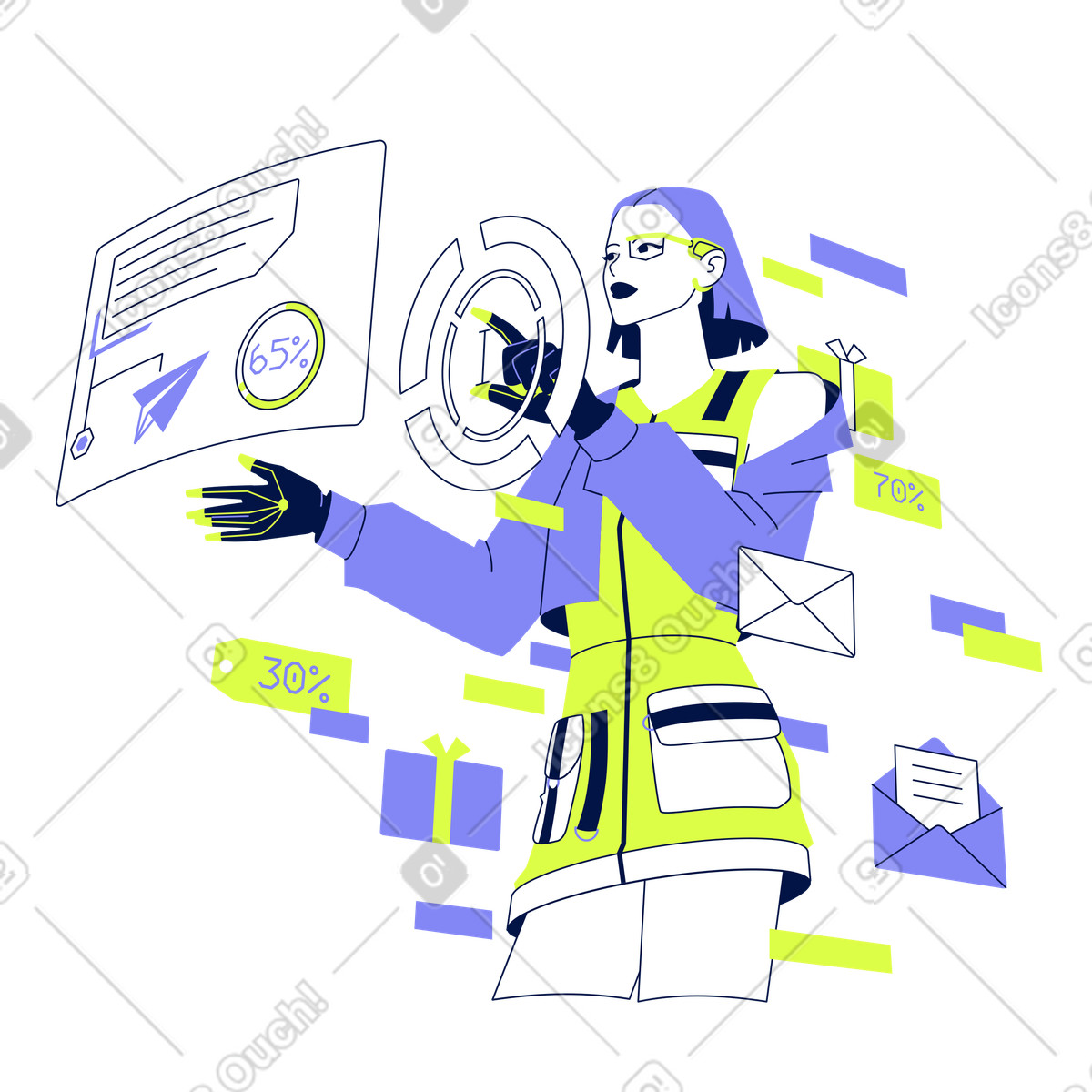 Marketer engaging with email marketing metrics, Data-driven campaign optimization illustration in Glow style download in PNG, SVG
