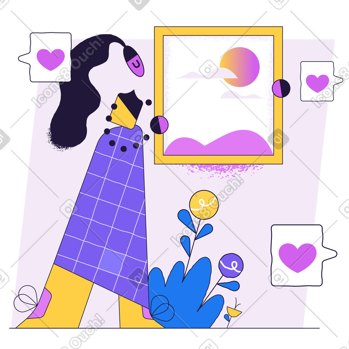 Illustration Artiste présentant une peinture et recevant des commentaires positifs dans le style Conifer à télécharger aux formats PNG, SVG