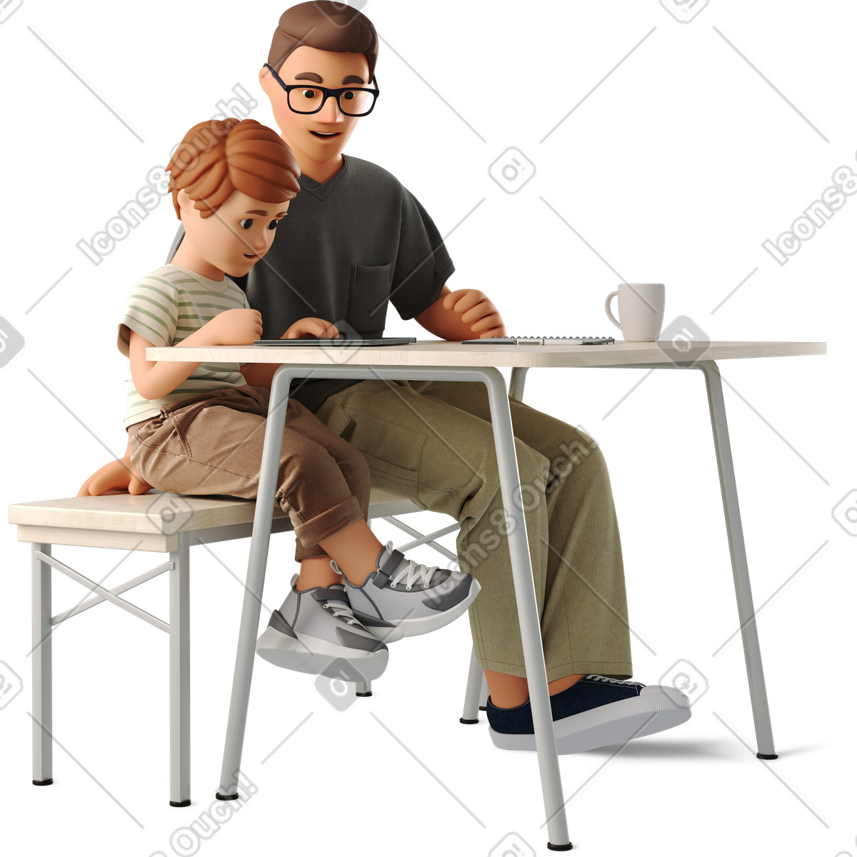 3D Business スタイルの Man and child sitting at the table のイラストをPNG、SVG形式でダウンロード
