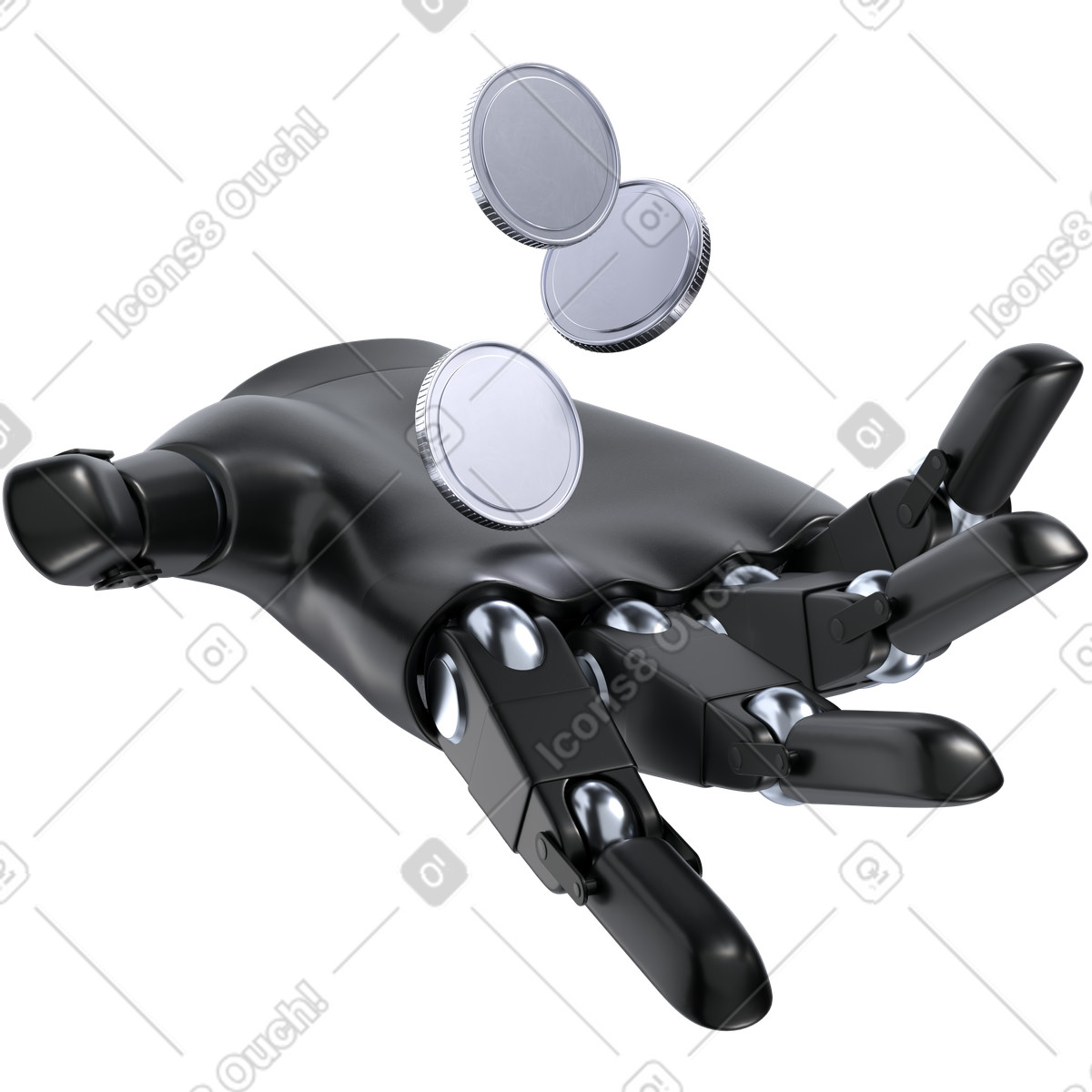 Robotic Hand with Floating Coins, AI Driven Asset Management, Wealth Growth Automation illustration in 3D Pro style download in PNG, SVG