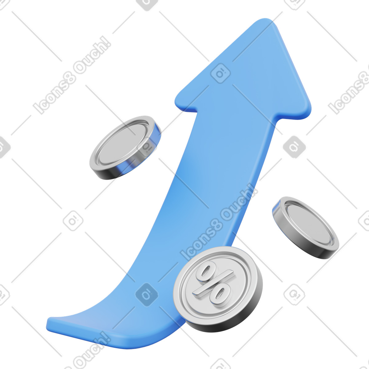 Ilustración Flecha hacia arriba con monedas y porcentaje, crecimiento financiero rentabilidad de la inversión. en estilo 3D Playful a descargar en PNG SVG