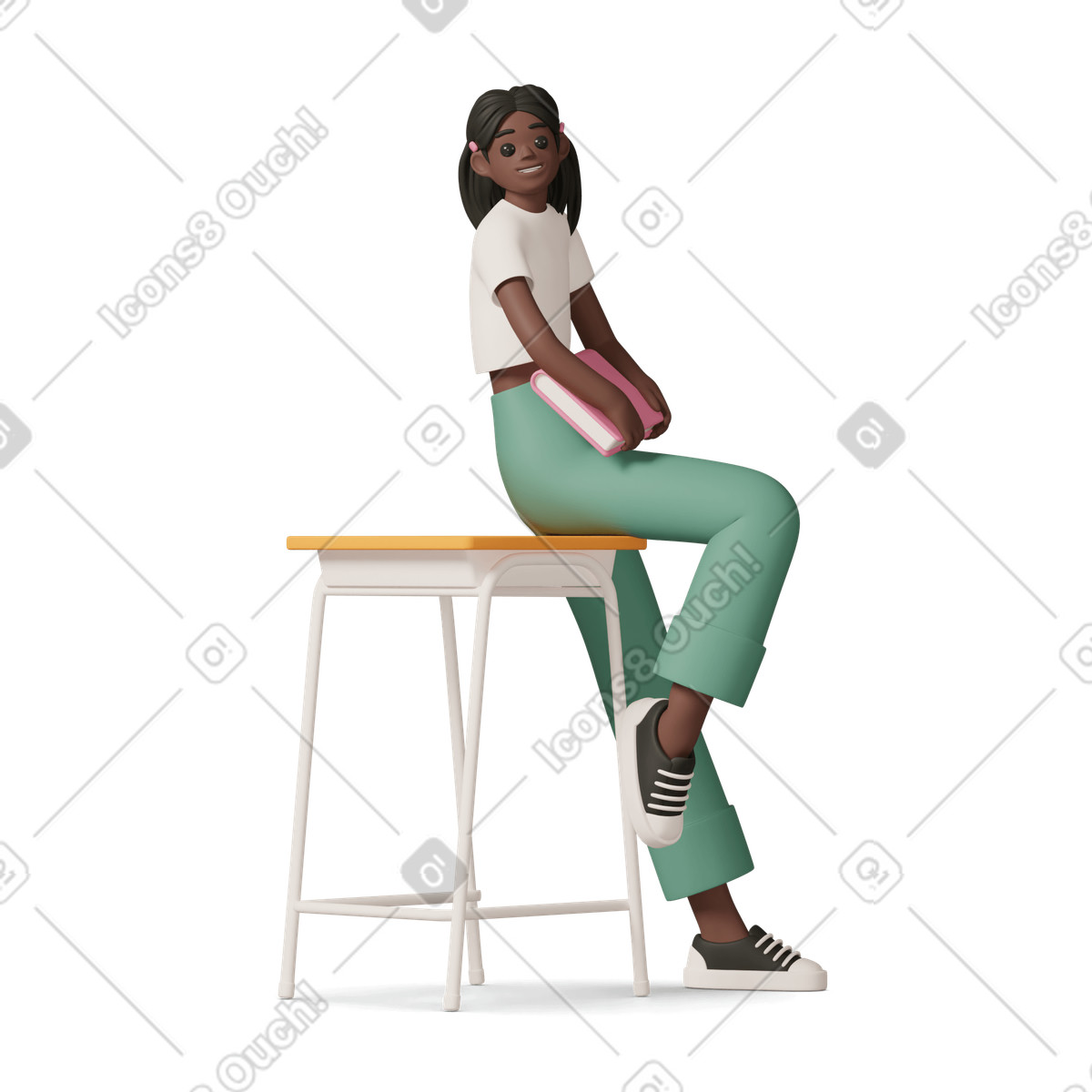 Black girl leaning on desk and holding book illustration in 3D Casual life style download in PNG, SVG