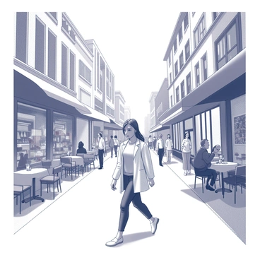 A woman named "Marianne" is walking along a busy city street. The street is bustling with activity, filled with people strolling and engaging in conversation. On either side, there are several shops displaying various merchandise in their windows, along with cozy cafes with outdoor seating areas. The architecture of the buildings is varied, showcasing different styles and designs, with awnings over the shop entrances. The atmosphere is filled with energy as pedestrians navigate the sidewalk, and some people are seated at the cafes, enjoying their drinks and meals while others are chatting animatedly.