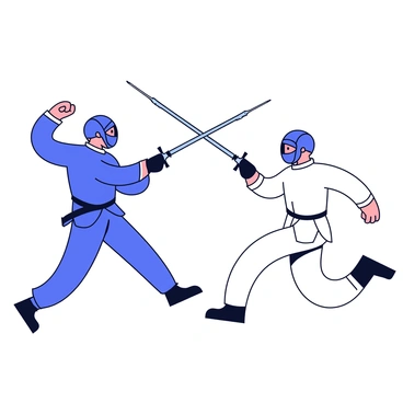 Two fencers are engaged in an intense match on a simplified playing field. Each fencer is wearing a traditional fencing uniform, complete with a mask and protective gear. The first fencer, on the left, has a blue uniform and is in an aggressive stance, with their sword raised high. The second fencer, on the right, is wearing a white uniform and is poised in a defensive position, with their sword crossing against the opponent's blade. The swords are clashing at the center of the scene, creating a dynamic focal point. The background is minimalistic to emphasize the two fencers and their swords.