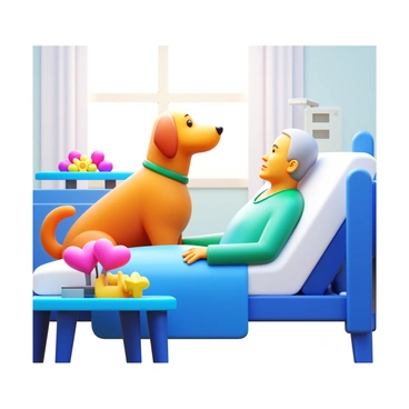 A therapy dog sitting beside a patient in a hospital bed. The dog is a golden retriever with soft fur, looking up at the patient with gentle eyes. The patient, an elderly person, is wearing a hospital gown and has a peaceful expression. There are heartwarming toys and a bedside table with flowers next to the bed. The hospital room has medical equipment, and soft light is coming through the window, creating a warm atmosphere.