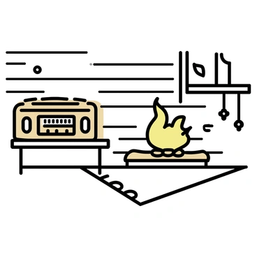 A vintage radio, featuring a wooden exterior with dials and a speaker grille, is placed on a small wooden table. Next to it, a warm fireplace crackles, with flames flickering and casting a soft glow. The cabin walls are made of rustic logs, and there are snowflakes visible through a nearby window. A plush rug lies on the floor, adding to the cozy atmosphere of the winter scene.