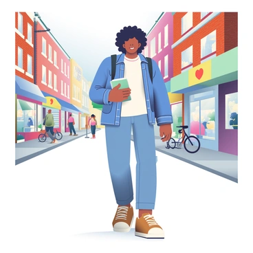 An illustrator with light brown skin and curly hair is walking through the streets of Newcastle, holding a sketchbook in one hand and a pencil in the other. They are wearing a blue denim jacket over a white t-shirt, with brown canvas shoes on their feet. The background features a bustling street lined with historical brick buildings, some adorned with colorful storefronts. Bicycles are parked along the side of the road, and a few pedestrians can be seen passing by. The illustrator pauses to sketch a nearby scene, focused intently on capturing the lively atmosphere around them. A small backpack is slung over one shoulder, and the sun casts soft shadows on the pavement.