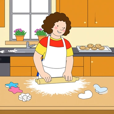 A young girl with light skin and curly brown hair wearing a white apron over a colorful t-shirt. She is standing at a wooden kitchen table covered with flour and cookie dough. The girl is using a rolling pin to flatten the dough while surrounded by cookie cutters in various shapes such as stars and hearts. In the background, there are warm wooden cabinets and a sunny window with flower pots on the sill. A tray of freshly baked cookies sits cooling on the counter nearby. The atmosphere is cheerful and lively, showcasing the joy of baking.