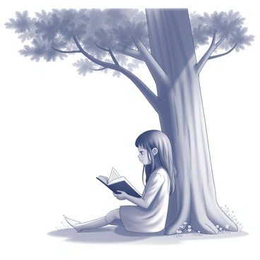 A girl is sitting on the ground, leaning against the trunk of a large tree. She has long hair and is wearing a simple dress. In her hands, she holds an open storybook, looking intently at the pages. The tree's broad branches extend above her, providing shade, and its leaves create a natural, leafy canopy. The ground around her is covered in soft grass and a few scattered wildflowers. Sunlight filters through the branches, casting dappled shadows on the girl and the book.