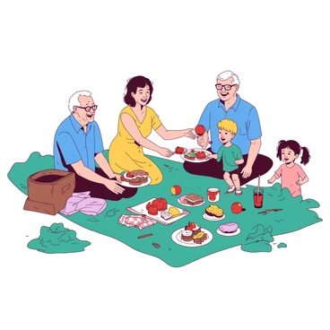A joyful family gathering at a picnic, with a mix of generations enjoying food and games.