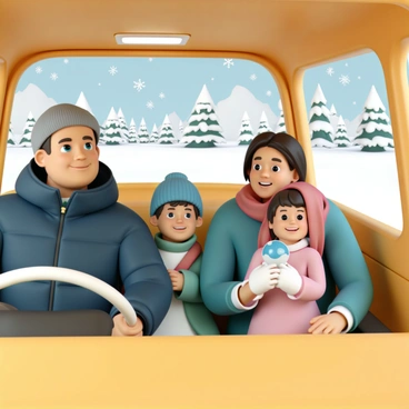 A family bundled up inside a taxi as they drive through a snowy landscape