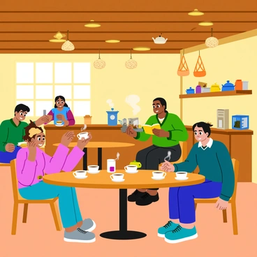 A cozy traditional teahouse interior featuring wooden beams and warm, soft lighting. Patrons are seated at round wooden tables, sipping from delicate porcelain teacups. Some guests are engaged in quiet conversation, while others are reading books. The walls are adorned with decorative paper lamps and shelves holding various tea canisters. A small wooden counter displays an assortment of tea leaves and pastries. A gentle steam rises from the teapots on the tables, creating a warm and inviting atmosphere.