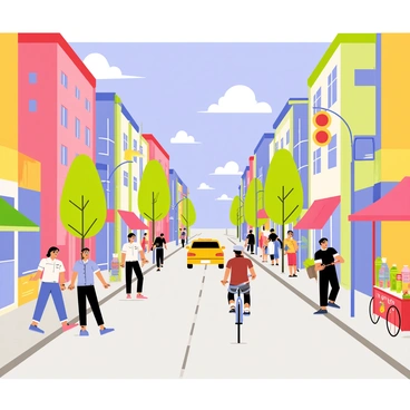 A bustling city street filled with colorful storefronts and busy pedestrians. Tall buildings line the sides of the street, with a blue sky dotted with white clouds overhead. Heat waves visibly rise from the gray pavement, creating a shimmering effect. People in various outfits walk by, some carrying shopping bags, while others ride bicycles. Traffic lights are blinking red and green, and a yellow taxi cab is seen driving down the street. Street vendors with colorful carts are positioned along the sidewalk, selling snacks and refreshments.