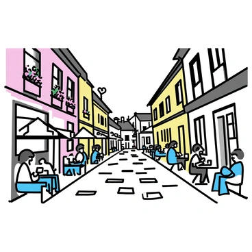 A cobblestone street in Fulda, featuring a narrow pathway with uneven stones. On either side, there are several half-timbered houses with exposed wooden beams and colorful facades. Each house has distinct window frames with flower boxes filled with vibrant blooms. Along the street, there are bustling cafes with outdoor seating, where people are sitting at small round tables. Some patrons are enjoying coffee while others are engaged in conversation. Umbrellas provide shade over the tables, adding to the lively atmosphere.