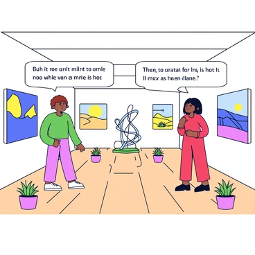 Two characters having a playful argument over what constitutes 'real' art, surrounded by wildly different art pieces.