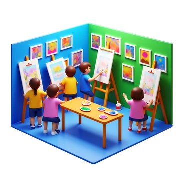 A 3D icon of an art classroom with vibrant walls. The space is filled with various colorful paintings displayed on easels and on the walls. Several students are actively painting on their canvases, each one focused on their work. Brushes and palettes with a mix of bright colors are scattered across the tables. The room is illuminated by soft light, creating a lively atmosphere of creativity and expression.