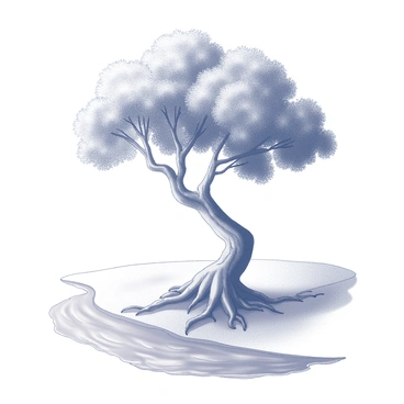 A large tree with a sturdy trunk and expansive branches extends above the scene. Its roots are deep and visible, intertwining with the earth, showing its stability and strength. Nearby, a peaceful river flows gently, with ripples reflecting the surrounding environment. The water is calm and serene, emphasizing the tranquility of the setting. The tree stands as a symbol of trust, representing growth and resilience in the natural landscape.