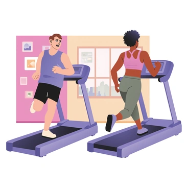 A digital flat illustration depicting a fitness scene with two people exercising side by side. On the left, a man with light skin and short brown hair is running on a smooth treadmill. He is wearing a blue tank top and black shorts, with a determined expression on his face. Next to him, on the right, a woman with dark skin and curly black hair is running on a rugged, uphill treadmill. She is dressed in a pink sports bra and gray leggings, focused on her workout. The background features bright colors that suggest a gym environment, with motivational posters on the walls and a window showing a view of the outdoors.