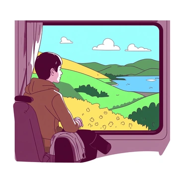 A traveler sitting by the window of a train, gazing thoughtfully at the scenery outside. The traveler is wearing a brown jacket and has a small backpack resting on their lap. Outside the window, rolling hills painted in vibrant shades of green blend seamlessly with patches of yellow wildflowers. In the distance, a tranquil blue lake reflects the sunlight, and a few fluffy white clouds drift lazily across the sky. The train carriage is warmly lit, enhancing the captivating view.