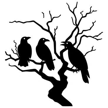 A group of ravens with glowing white eyes is perched on bare, gnarled tree branches. The branches are twisted and stark against the background, devoid of leaves. Each raven has glossy black feathers, catching the light in a way that enhances their ominous presence. The scene conveys a sense of eerie stillness, with the ravens watching intently, their bright eyes standing out in the dim atmosphere. Some branches are forming a chaotic silhouette against the sky, creating a stark contrast with the dark figures of the birds.