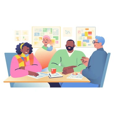 A diverse group of illustrators is gathered around a wooden table in a cozy café. There are three illustrators: a woman with dark curly hair and a colorful scarf, a man with light skin and a beard, and a person with short blue hair and glasses. Each illustrator has a sketchbook open in front of them, filled with various drawings. The café has warm lighting with art prints hanging on the walls. A steaming cup of coffee sits in front of each person, and a small plate of pastries is shared in the center of the table. The atmosphere is lively, with laughter and animated discussions about their artwork.