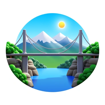 A long suspension bridge with tall, elegant towers supporting the cables. The bridge is made of steel and stretches across a deep valley. In the distance, there are majestic mountains with snow-capped peaks under a clear blue sky. Lush green trees are visible on both sides of the bridge, creating a vibrant contrast with the rocky mountains. The sun is shining brightly, casting shadows on the bridge and the landscape below.