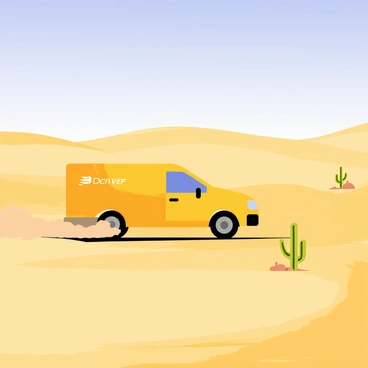 A car delivery service vehicle, painted in bright yellow with the company logo on the side, drives across a vast desert landscape. The desert terrain is characterized by rolling sand dunes, golden-yellow sand, and a clear blue sky overhead. The vehicle kicks up a small cloud of dust as it moves forward. In the distance, a few sparse cacti and small rocky formations are visible, adding depth to the scene. The sun casts sharp shadows, emphasizing the textures of the sand and the vehicle's smooth surface.