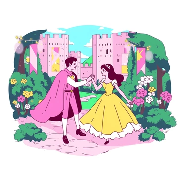 A pink prince in a royal outfit is dancing gracefully with a yellow princess in a flowing gown in a lush castle garden. The garden is filled with vibrant flowers of various colors and a stone path winding through the greenery. Tall castle walls can be seen in the background, adorned with ivy and vibrant banners fluttering in the gentle breeze. The prince holds the princess's hand, and they are surrounded by twinkling fairy lights hanging from the trees, illuminating the scene with a magical glow.