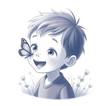 A child with short, tousled hair is smiling widely. The child's eyes are bright and full of joy, reflecting a sense of wonder. A delicate butterfly, with intricate wing patterns, is gently resting on the child's nose. The child is outdoors, surrounded by soft grass and small flowers. The sun is shining down, casting gentle shadows and highlighting the child's happy expression. The scene captures a moment of pure innocence and connection with nature.
