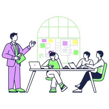 A businessman is standing at the head of a rectangular table, actively leading a brainstorming session. He is wearing a tailored suit with a tie, and he holds a notepad in one hand while gesturing with the other to emphasize his points. Around the table, a diverse team of four individuals is seated, each taking notes or looking thoughtfully at the businessman. On the table, there are several open laptops, a stack of documents, and a whiteboard nearby covered with colorful sticky notes and diagrams. A large window in the background allows natural light to illuminate the scene.