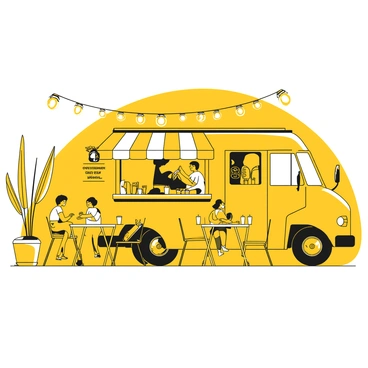A truck with a large, open patio attached to the side, featuring several tables and chairs for outdoor dining. The truck has a serving window where a person is handing out cold beers and snacks to customers. The patio is adorned with string lights overhead, creating a cozy atmosphere. People are sitting at the tables, enjoying their drinks and food. The truck itself has signage displaying drink and snack options. There are potted plants around the patio, adding greenery to the scene.