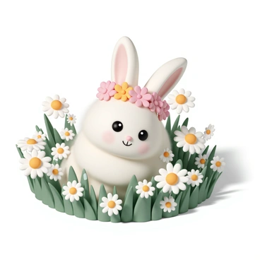 A fluffy white bunny, with soft fur and bright, curious eyes, sits in a vibrant green field filled with blooming daisies. The bunny is adorned with a beautiful flower crown made of delicate pink and yellow flowers, which rests gently on its head. Surrounding the bunny are countless daisies, their white petals contrasting with the sunny yellow centers, swaying gently in the breeze. The sunlight illuminates the scene, creating a cheerful and lively atmosphere.