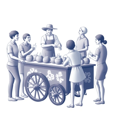 A vendor selling refreshing coconut drinks from a colorful street cart
