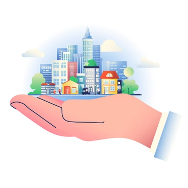A giant hand with detailed skin texture and visible veins is gently holding a miniature cityscape. The cityscape features a variety of buildings, including tall skyscrapers and cozy, colorful houses, all filled with intricate windows and doors. Small figures are seen walking in the streets, and tiny vehicles are parked along the roads. In the background, a blue sky with fluffy white clouds adds depth to the scene. The hand is positioned palm up, cradling the city with care as if it were a delicate treasure.