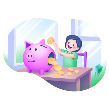 A cheerful piggy bank with a bright pink exterior and a smiling face is positioned on a wooden table. A child with small hands is joyfully dropping shiny gold coins into the opening of the piggy bank. The scene includes scattered coins around the table, emphasizing the act of saving. A subtle beam of sunlight filters through a nearby window, casting gentle light on the piggy bank and the coins, creating an inviting atmosphere.