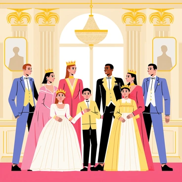 A formal portrait of a royal family posed in a grand hall. The family members are dressed in elegant historical attire, showcasing intricate details such as lace, embroidery, and rich fabrics. The royal subjects are arranged in a symmetrical composition, with an imposing chandelier hanging overhead and ornate columns framing the scene. The background features richly decorated walls adorned with tapestries and family portraits. Each family member wears a distinct outfit, ranging from regal gowns to tailored suits, with accessories like crowns and jewelry that reflect their royal status.