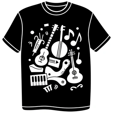 An arrangement of various musical notes and instruments displayed prominently on a black t-shirt. The design features an assortment of instruments, such as a guitar, a saxophone, and a piano. Musical notes of different sizes and shapes are scattered around the instruments, creating a dynamic pattern. The overall composition conveys a sense of rhythm and movement, highlighting the joy of music.