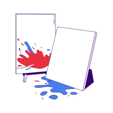 A white mirror has splashes of paint in various vibrant colors, including red and blue. These splashes create a dynamic pattern on the surface of the mirror. Reflected in the mirror, the colors spill over onto a blank canvas positioned nearby. The blank canvas remains pristine, contrasting with the lively colors from the mirror. The arrangement captures the intensity of the paint while highlighting the simplicity of the untouched canvas.